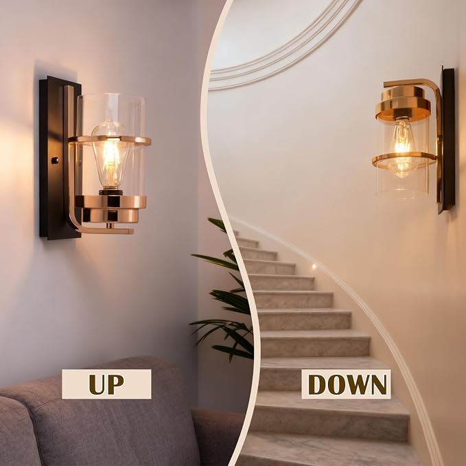 Rose Gold and Black Wall Sconce, Modern Vanity Light Fixture | Hardwired,E26 base,mid-century clear glass sconce for mirror.hallway.bathroom.fireplace