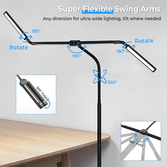 LED Floor Lamp with 4 Light Bars, 24W/3000LM Ultra Bright Wide Reading Lamp | Architect Standing Lamp with Rotating Swing Arm, Dimmable Flexible Gooseneck Floor Lamp for Office, Task Lamp for Craft Read