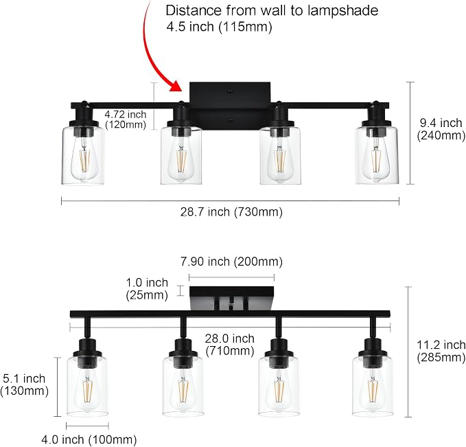 MELUCEE 4 Light Track Lighting Kit 28.7 Inch Bathroom Light Fixtures | Matte Black Ceiling Spotlight Fixture for Hallway Foyer Bath Storage, Clear Glass Shade