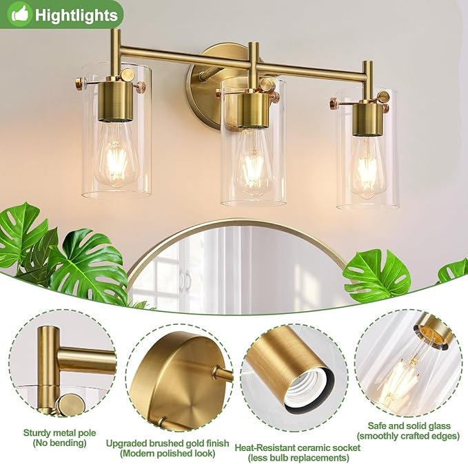 Bathroom Light Fixtures, 3-Light Brass Vanity Light, Black Bathroom Lights Over Mirror with Clear Glass Shade, Wall Sconces for Mirror Bedroom Living Room Hallway