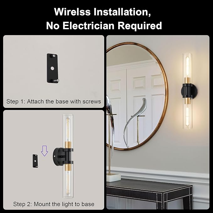 Battery Operated Wall Sconce Set of 2, 12000mAh Rechargeable Wall Lights with Remote Control, Wireless Dimmable Wall Lamps for Bedroom Living Room Bathroom Hallway Stairwell, Black & Gold