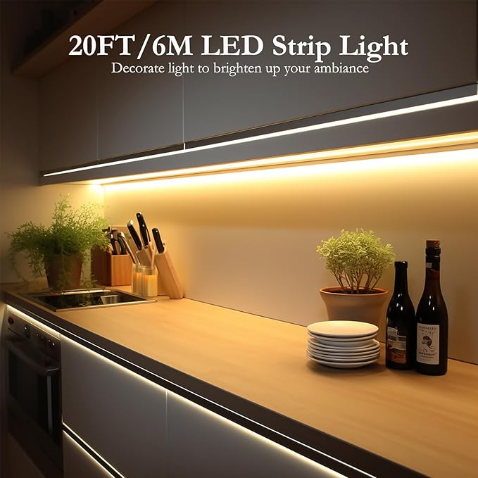 JOYLIT 12V COB LED Strip Light Waterproof 20FT/6M 2700K Warm White CRI 90+ 320LEDs/M Dotless Uniform Bright Dimmable LED Tape for Kitchen Cabinet, Counter, Shelf, Stair (LED Strip Only)