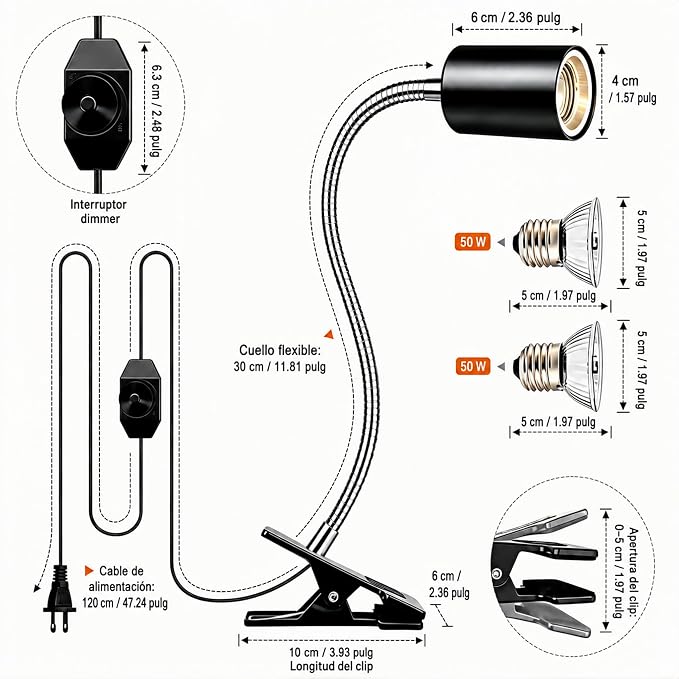 Reptile Heat Lamp with Clamp, 360° Flexible Gooseneck UVA UVB Turtle Basking Light Fixture with 2 Pcs 50W Bulb, Dimmable Heating Lamp for Turtle, Lizard, Snake, Chameleon, Hermit Crab