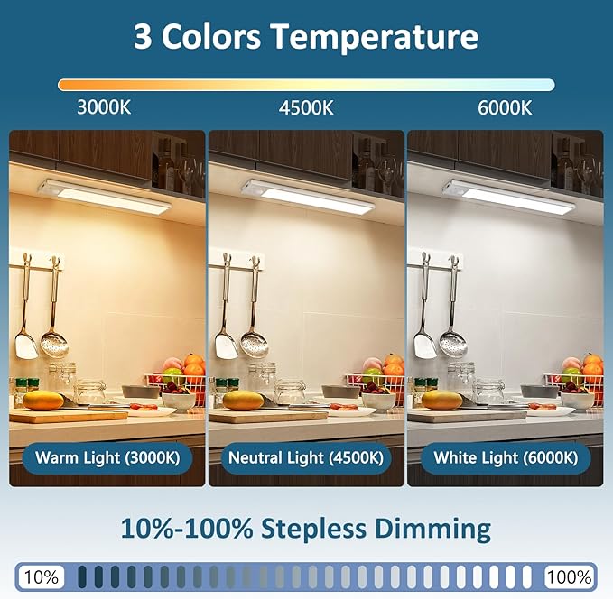 Ascher 15.2inch Under Cabinet Lights, 3000mAh Rechargeable Motion Sensor Light indoor, 3 Color Temperatures & Stepless Dimmable Closet Lights, Magnetic Under Counter Light for Kitchen, Silver - 2 Pack