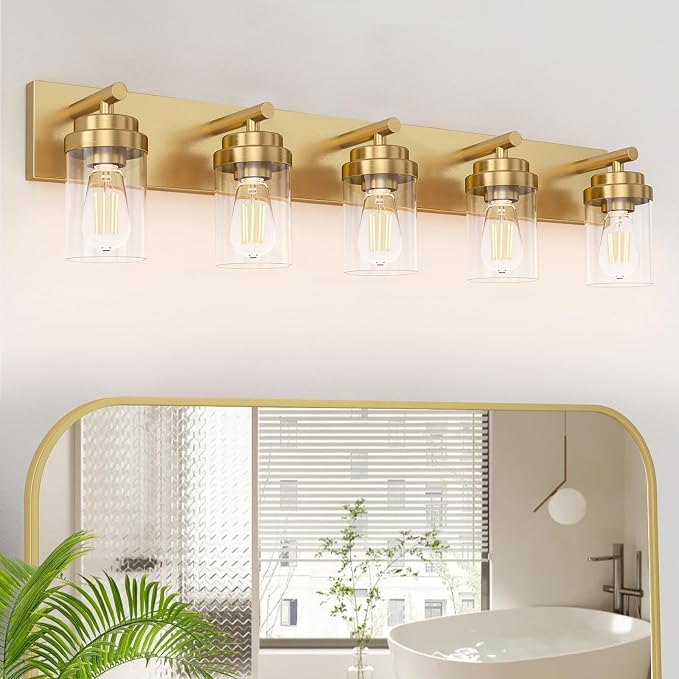 IZORRO Bathroom Vanity Light Fixture, 5-Light 36 Inch Gold Bathroom Light Fixtures Over Mirror, with Clear Glass Shade, Modern Farmhouse Vanity Lights, Rustic Restroom Lighting Fixtures