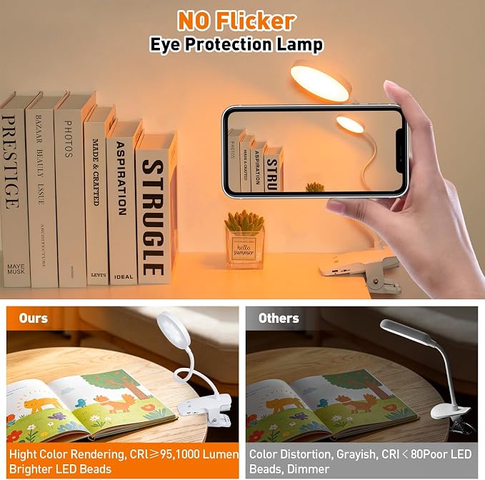 Cordless Rechargeable Clip On Desk Lamp Thick Flexible 360° Gooseneck | 450 Lumen Eye Protect Light,30 Custom Lighting Modes,5-30H Long Life Battery for Bed Headboard Desk Puzzle Craft ,White 1 Pcs