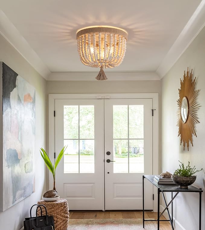 AMZASA Boho Flush Mount Ceiling Light Wooden Beaded Hepm Rope Oak Withe Farmhouse Beaded Chandelier Light Fixture 3 Lights for Nursery Bedroom Hallway Entryway