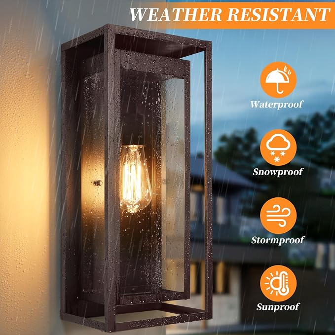 19" Bronze Outdoor Light Fixture, 2 Pack Large Size Outdoor Sconce Lights with Clear Glass Shade, Waterproof Porch Lighting Exterior Light Fixture for Front Door, Garage