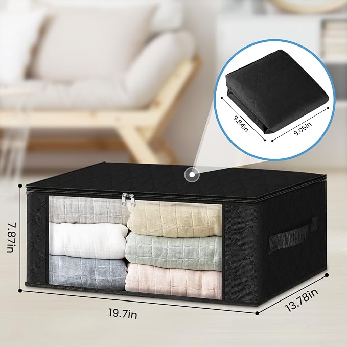 HomeHacks 3-Pack Clothes Organizer Storage Bags, 35L Storage Bins, Black | Foldable Storage Box Container with Zippers, Clear Window, Reinforced Handles for Closet, Dorm, Pillows, Bedding, Sweater