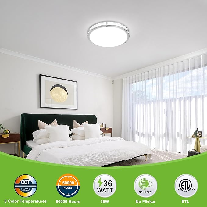 hykolity 16 inch Dimmable LED Flush Mount Ceiling Light Fixture,36W,2200LM | 2.7/3/3.5/4K/5K Adjustbale, 120°Light Angle,CRI90, Ceiling Lamp for Bedroom,Kitchen,Office,ETL Listed, Brushed Nickel