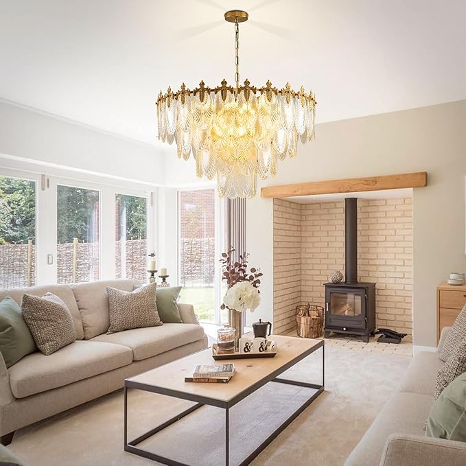 Modern Large Crystal Chandelier, 4-Layer Gold Glass Chandelier, 12 Light Round Antique Ceiling Pendant Light, 31.5 Inchs Adjustable Height for Foyer, Living Room, Bedroom, Dining Room