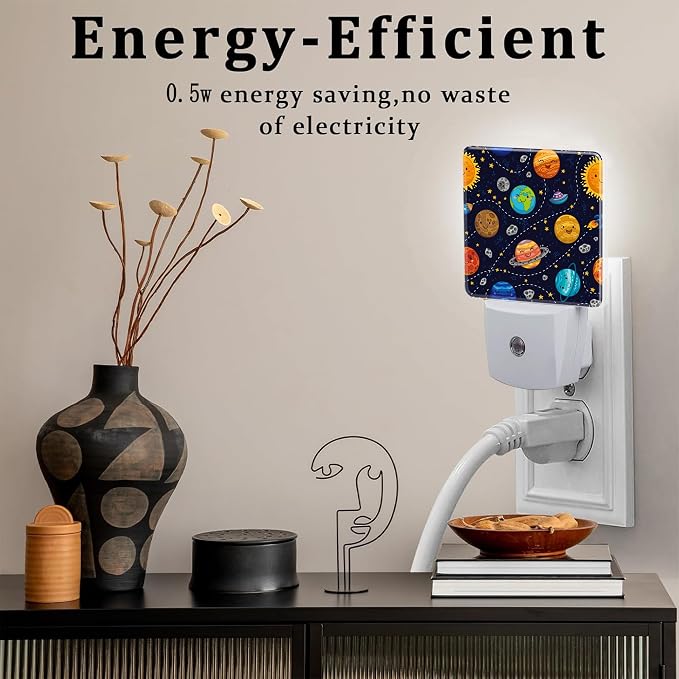 Cartoon Solar System Planets Night Light Plug into Wall,Space Stars Planets Dusk to Dawn Night Light Plug in,0.5w Energy Saving Sleep Friendly NightLight for Kids Boys Girls Home Decor