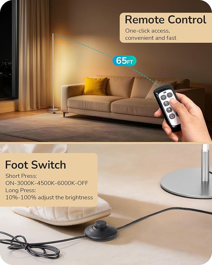 EDISHINE 59.8" Corner Lamp with Remote & 3 Height Settings, Dimmable & 3CCT | Adjustable Color Temperature, Foot Switch, Metal Base, Slim Floor Lamps for Living Room, Bedroom, Study, Silver