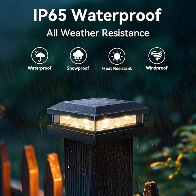 Brightever 4x4 Solar Post Cap Lights Outdoor 6 Packs, Waterproof Solar Powered Deck Post Lights for5x5 Wooden/Vinyl, Black Fence Lights with 16LEDs Warm White/Cool White for Outdoor Decoration