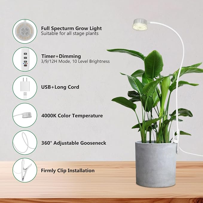Shyineyou Small Grow Lights for Indoor Plants Full Spectrum,Plant Lights for Indoor Growing, Clip on Plant Grow Light with 3/9/12H Timer for Succulents,Small Plants, 3-Pack