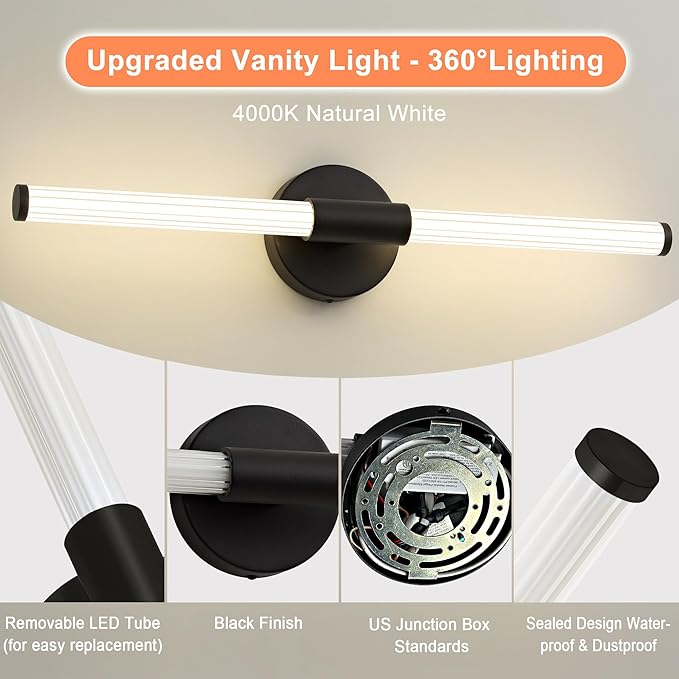 Dimmable LED Bathroom Vanity Lights 360° Full Lighting Bathroom Light Fixtures Over Mirror Vanity Light Bar Modern Wall Sconce 4000K Natural White Light for Home Hardwired, Black, 23 inch