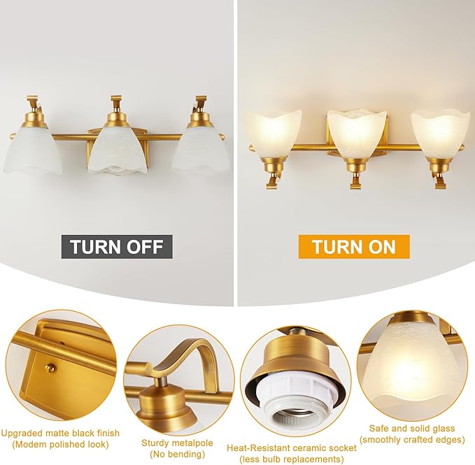 Bathroom Light Fixtures (3-Light, 20.5 Inch), Brushed Gold Vanity Lights for Bathroom with White Frosted Glass Shade, Modern Vanity Wall Lights for Mirror Bedroom Living Room Kitchen Hallway Porch