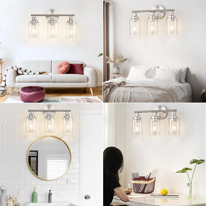 Vanity Wall Light Fixtures, Modern 3 Lights Wall Sconce with Clear Glass Shade, Brushed Nickel Farmhouse Wall Lamp for Bathroom Mirror Kitchen Porch Living Room Workshop (E26 Base) | Modern Wall Sconce with Clear Glass Shade, Brushed Nickel Farmhouse W...
