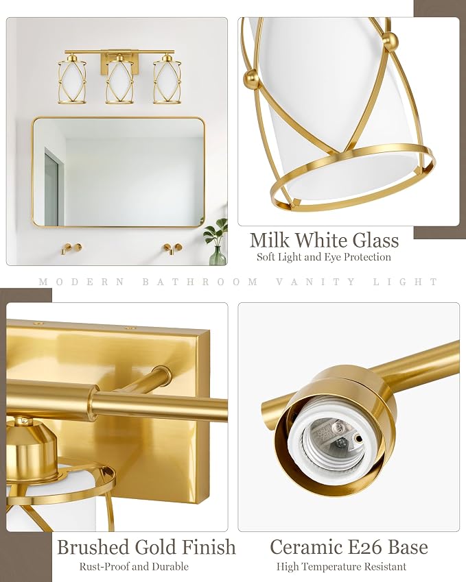3-Light Brushed Gold Bathroom Light Fixtures with Milk Frosted Glass, 21" Modern Bathroom Vanity Lighting Fixtures Over Mirror with Metal Cage, Wall Sconce Lights for Bath, E26, CH9176BGW-3W