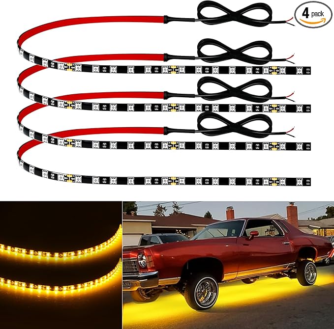 Keiurot 12V Led Light Strip 24" Connectable Amber Led Strip Lights for Cars Boat Marine Golf Cart Trucks Waterproof Interior & Exterior, 4Pack