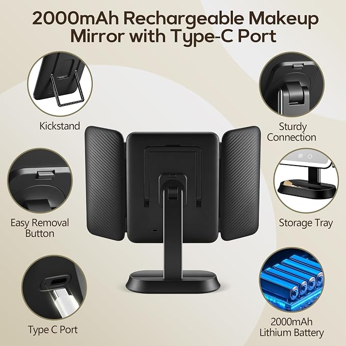Makeup Mirror with Lights and 30X/10X/5X Magnification, Vanity Mirror with 3 Color Lights, Rechargeable, Detachable, Lighted Makeup Mirror with Magnification, Trifold Mirror, Gifts for Women