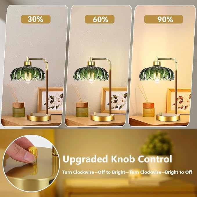 ILLMTW Vintage Table Lamp for Bedroom Living Room,Small Bedside Lamps Dimmable Bedroom Lamp with Glass Green Flower LampShade,Mid Century Modern Mini Nightstand Lamp Gold Boho Side Table Lamp