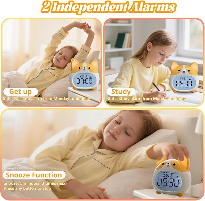 AVEKI Alarm Clocks for Kids - Cute Dog Clock with Night Light, 6 Alarm Tones, Snooze, Timer, Date and Temperature Display - Rechargeable Battery Operated Digital Clocks for Bedroom Kids Room (Corgi)
