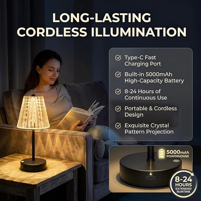 Black Cordless Table Lamp Rechargeable,Small Battery Powered Lamp 5000mAh,Mini Wireless Table Lamp for Restaurant Dining Tabletop/Kitchen Counter Top/Bathroom Shower/No Cord Touch Lamp Decorative