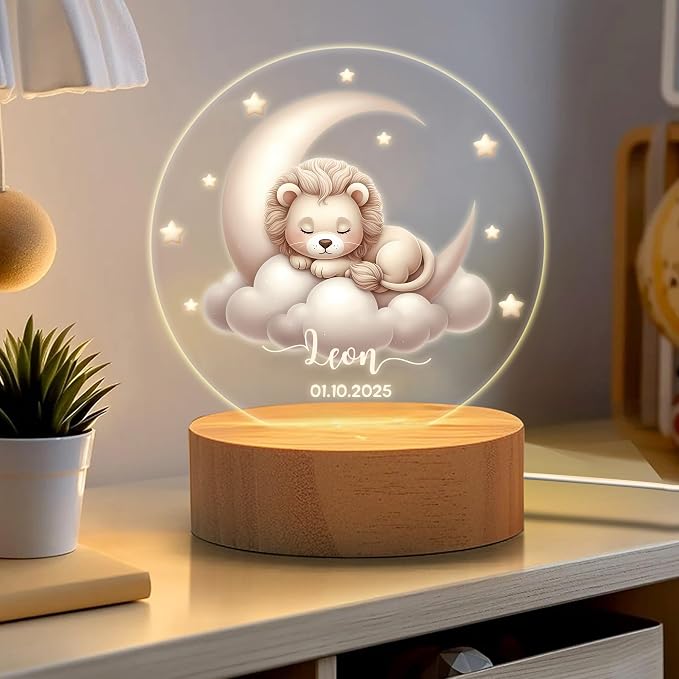Personalized Sleeping Animals Night Light for Kids, Custom Name and Date LED Light with Wooden Base Nursery Decor Christmas Gift for Kids