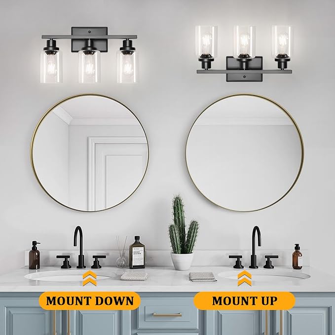 Ascher Bathroom Light Fixtures, 3 Light Vanity Light with LED Bulbs Included, Black Wall Sconces with Clear Glass Shades for Mirror, Kitchen, Living Room, Hallway, Cabinet