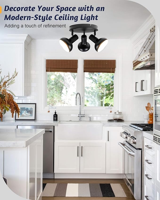 HiBay 3-Light Track Lighting, Farmhouse Ceiling Light Fixtures Black, Directional Spotlight Round for Kitchen Bedroom Dining Room, E12 Base (Bulbs Not Included)