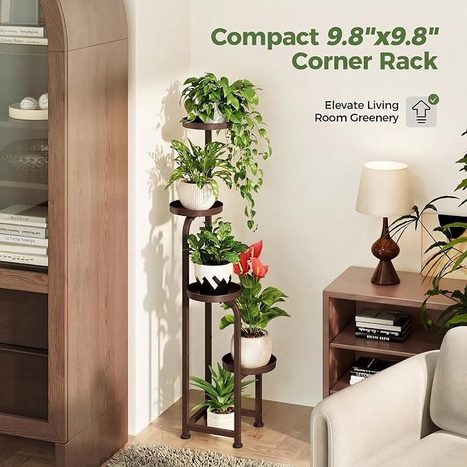 Bamworld Corner Plant Stand Indoor Outdoor Tall Metal Flower Pot Stands | 4 Tier Brown Heavy Duty Plant Shelf for Multiple Plants Patio Garden Balcony Living Room Bedroom(Patent Design)
