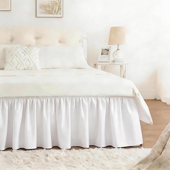 RIMELA White Bed Skirt Queen Size 12 Inch Drop, Wrap Around Elastic Adjustable Bedskirt, Bed skirting Dust Ruffle for Bed Frame & Box Spring Soft Durable Fabric Machine Washable Easy to Install
