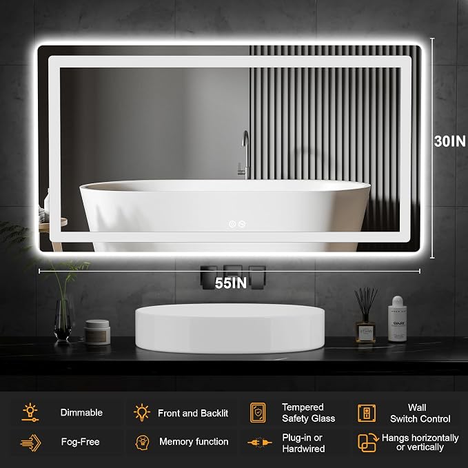 LED Bathroom Vanity Mirror with Lights, 30"x55" Lighted Wall Mirror | Front and Backlit, Anti Fog, Dimmable 3 Color Lighting, Memory Function, Shatterproof Glass, Plug in or Hardwired