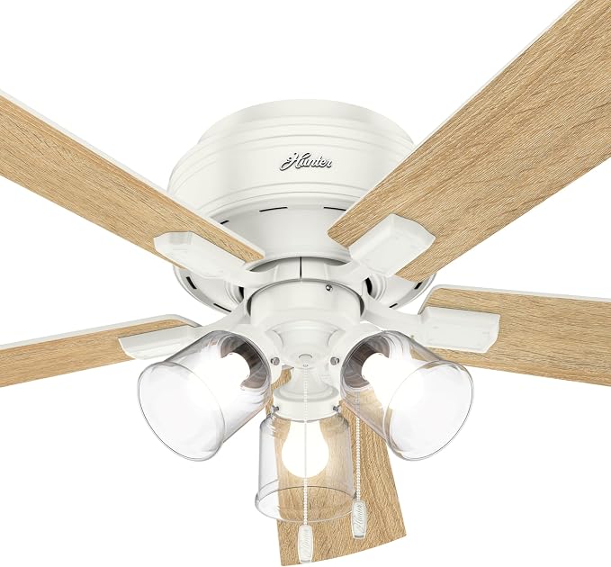 Hunter 52 inch Indoor Ceiling Fan with LED Lights and Pull Chain - Low Profile Flush Mount White Ceiling Fan, 5 Blades, For Bedroom, Living Room, or Kitchen, Quiet - Crestfield 54207, Fresh White | with LED Lights and Pull Chain, Low Profile Flush Moun...
