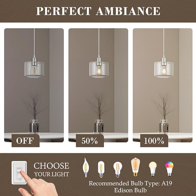Brushed Nickel Pendant Lights Kitchen Island, 1-Light Modern Clear Glass Hanging Light Fixtures with Rods, Mini Kitchen Pendant Lighting Over Island for Sink Bathroom, OS-YQ8153-1PBNC
