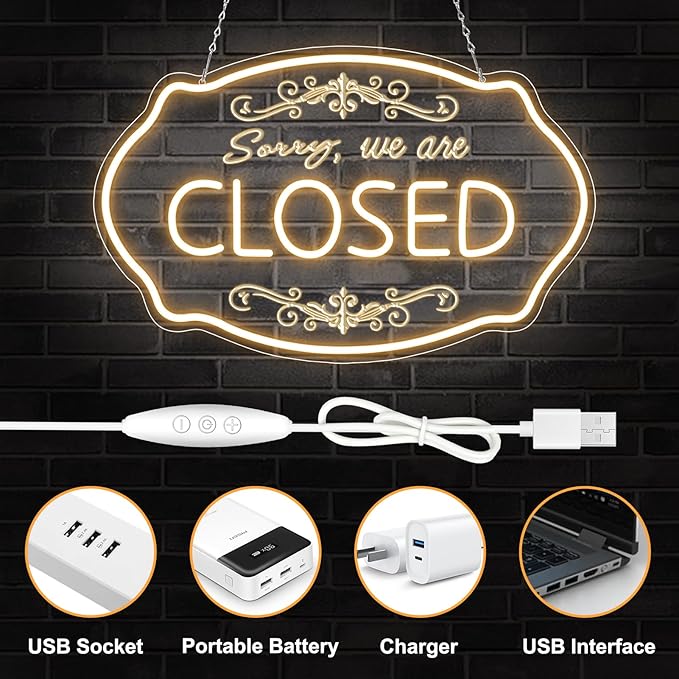 LED Neon Closed Sign for Business, 16.5x10'' Sorry We’re Closed Signs, Warm White Adjustable Brightness Neon Lights for Party, Bar, Salon, Stores, Hotel, Wall Decor, Clubs, office, Hotels