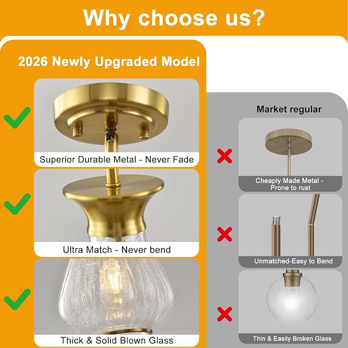 Modern Pendant Lights Kitchen Island, 1 Pack Brushed Gold Pendant Light Fixtures with 8.5" Clear Crack Glass Shade, Industrial Hanging Pendant Lights Fixture for Kitchen Island Dining Room Entryway