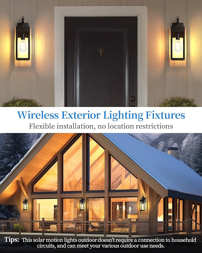 17" Solar Porch Lights Outdoor, with Motion Sensor, 2 Packs, Black | Waterproof, Motion Sensor, Dusk to Dawn, Modern Wall Sconce Lantern, For House Patio Garage