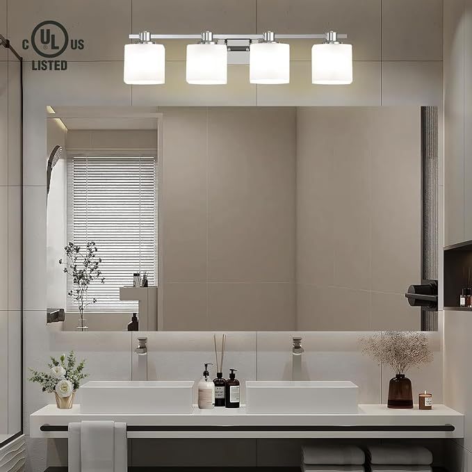 32 Inch Chrome Bathroom Light Fixtures Over Mirror 4 Light Bathroom Vanity Light Silver Modern Industrial Makeup Lighting Wall Sconce Shower Farmhouse Rustic Milk Glass Lamp Above Desk Sink