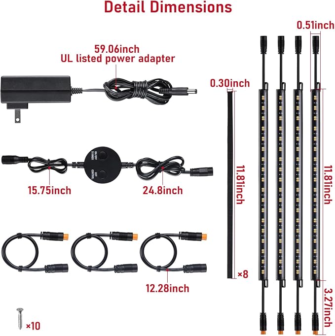 TORCHSTAR 4pcs 12 Inch LED Safe Lighting Kit, Rocker Switch, 5CCT | Dimmable, UL Power Adapter, Input 100-240V, Linkable Gun Safe Light Bars, 600LM, for Under Cabinet Locker Closet Showcase
