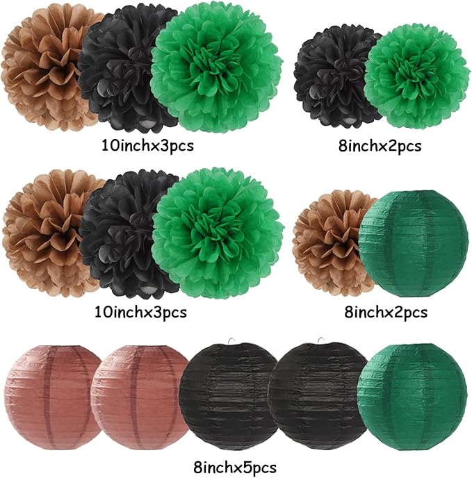 Football Party-Decorations Paper-Flowers - 15pcs Green Brown Black Tissue Pom Poms Lanterns Streamers,Birthday Baby Shower Bachelorette Hanging Supplies Decor Hugfond