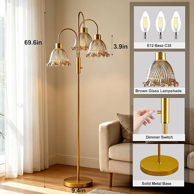 Lightdot 3-Light Glass Floor Lamp for Living Room, 70" Gold Dimmable Standing Tall Lamp with Amber Ribbed Glass Shades &3PCS 3000K Warm White Bulbs, Modern Tree Pole Lamp for Bedroom Home Decor