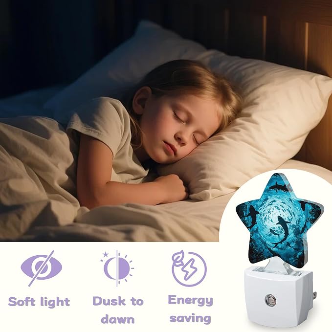 Sharks Swimming Decorative Nightlight Plug in Wall,Deep Blue Sea Star Shaped Night Light with Built in Sensor for Home Decor,Kitchen Hallway Stairs Desk Lamp