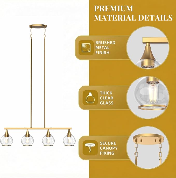 Kitchen Island Linear Pendant Light, 4-Light Gold Dining Room Chandelier with Clear Glass Globe Shades, Modern Linear Lighting Fixture Over Table