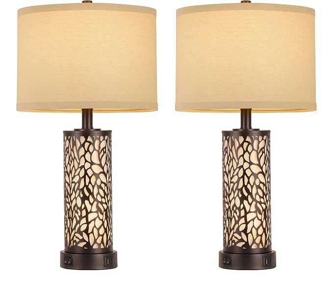 ROTTOGOON 25" Farmhouse Table Lamps for Living Room Set of 2, Rustic Metal Bedroom Lamps with USB A+C Ports Vintage Nightstand Lamp with Night Light, Bulbs Included
