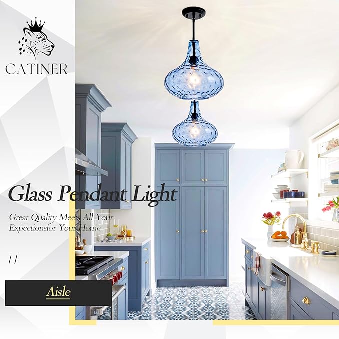 11" Hand-Blown Blue Glass Pendant Light, Modern Hammered Glass Hanging Light Fixture with Black Finish, Adjustable Ceiling Pendant Lighting for Kitchen Island, Dining Room, Living Room