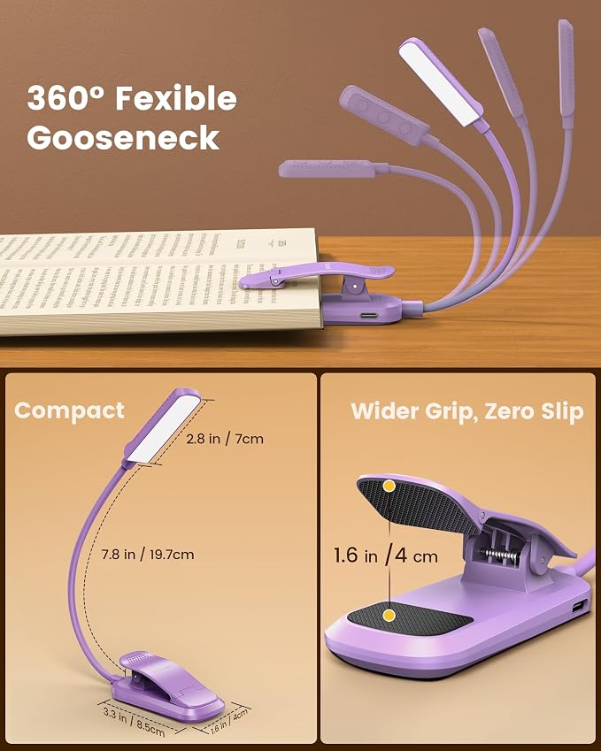 Glocusent 13 LED Book Lights for Reading at Night, Gifts for Book Lovers | Rechargeable Eye-Caring 3 Amber Colors Stepless Dimming, Travel Clip-on Lamp, Christmas Stocking Stuffer Reader Men Women Kid