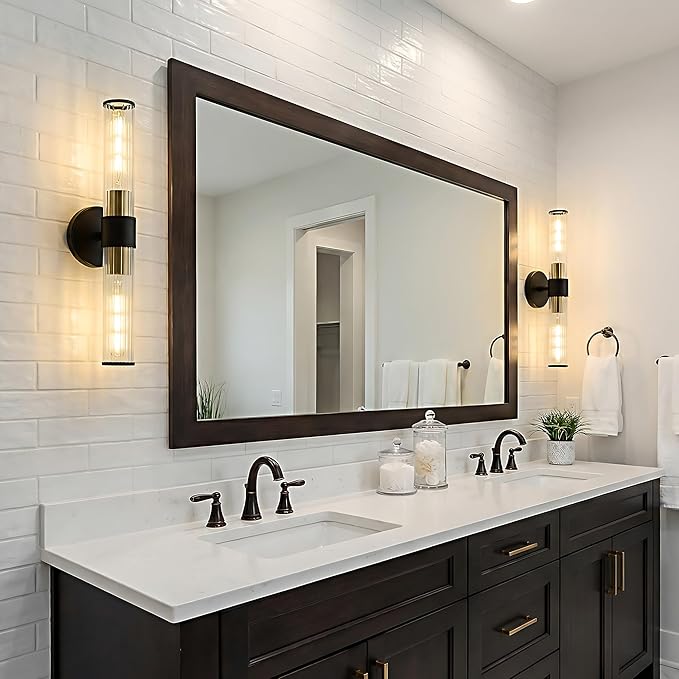 Bathroom Light Fixtures 2 Pack Hardwired, Black Gold Wall Sconce Threaded Glass Vanity Light Featuring Two E26 sockets, Bathroom Wall Light Dimmable - Bulb Not Included, UL Certification