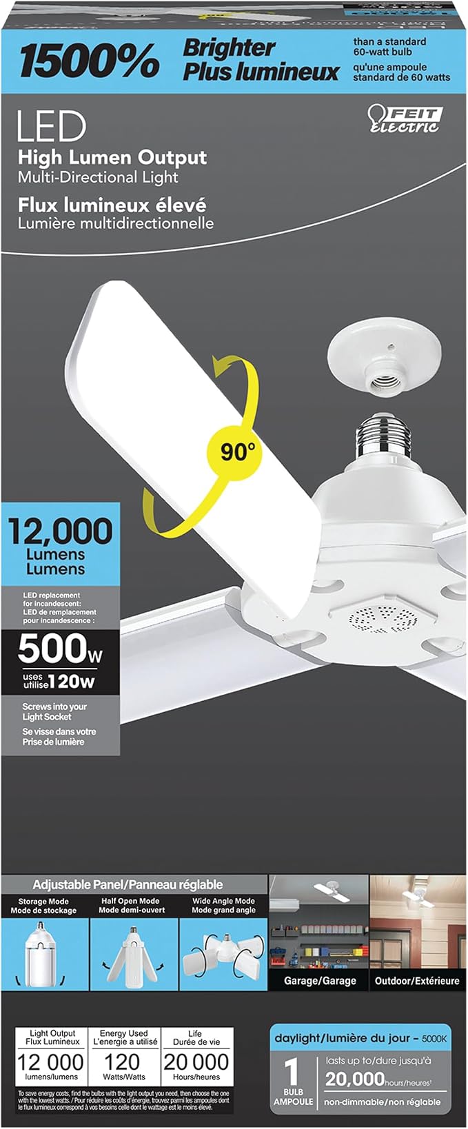 Feit Electric LED Garage Light, 4 Panel Adjustable Screw-in LED Shop Light Bulb, E26 Base, 12000 Lumens, Non-Dimmable, 5000k Daylight, Garage Ceiling Light, White, ADJ12000/5K/LED (Pack of 4)